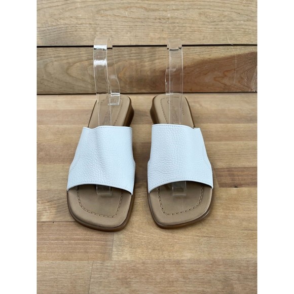 90s Minimalist Square Heel, Nude Pebbled Leather  Block Heel Slides Sandal White - Picture 2 of 8